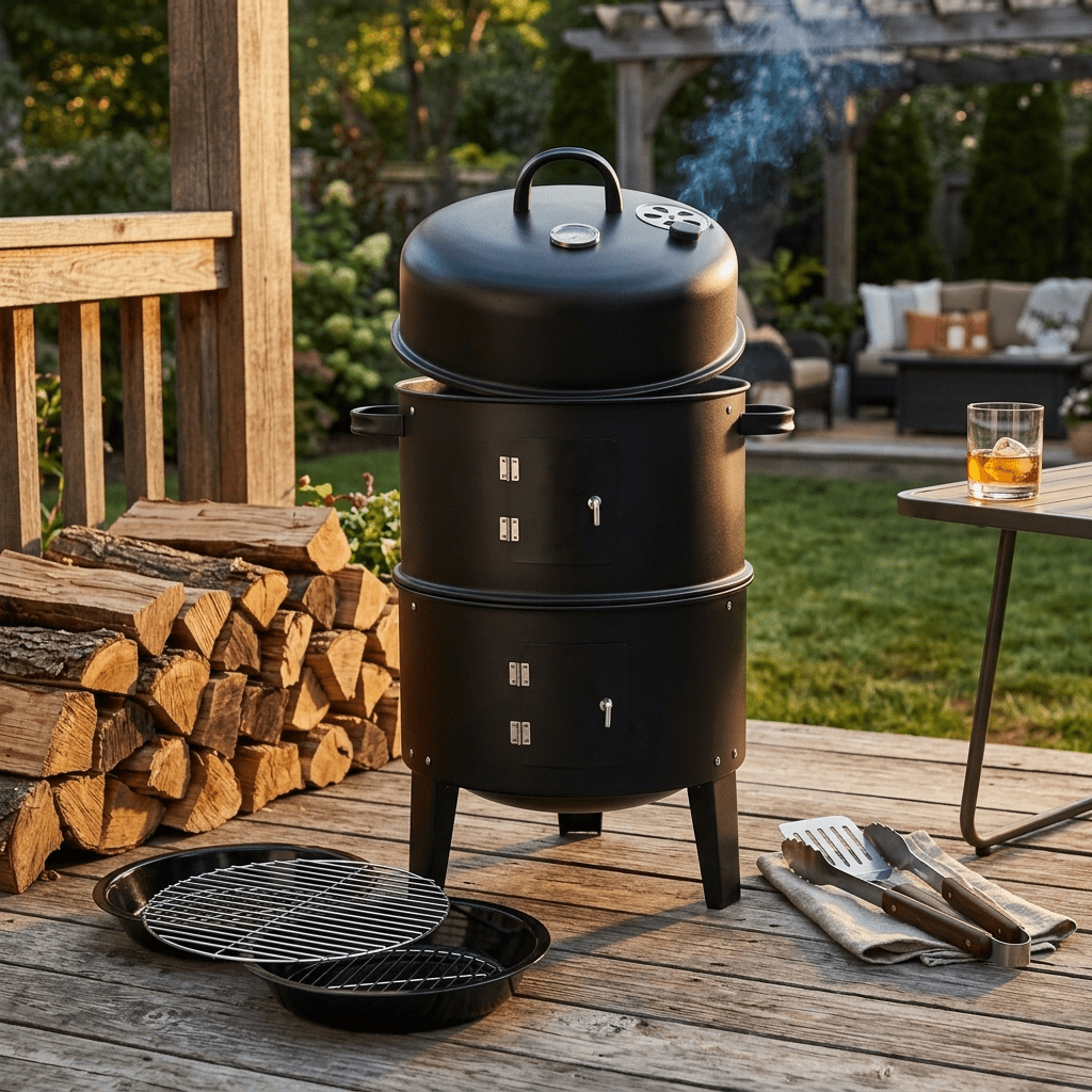 Biotree Outdoor Vertical Charcoal Grill with Lid, Smokeless BBQ Smoker, 360¡ã Even Heating Wood Fired Grill, Charcoal BBQ Cooker for Backyard Patio Camping Cooking Black