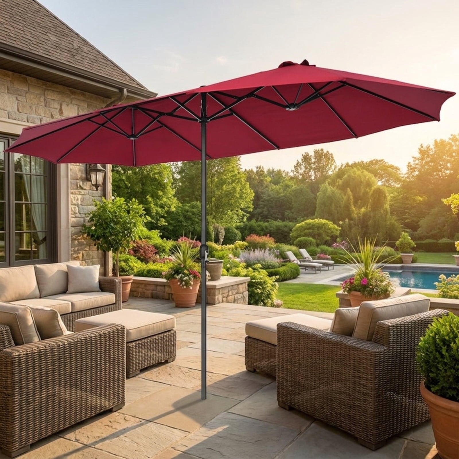 Biotree 15 ft Double-Sided Twin Patio Umbrella Crank Tilt Outdoor Shade - Red - UV Protection with Cross Base