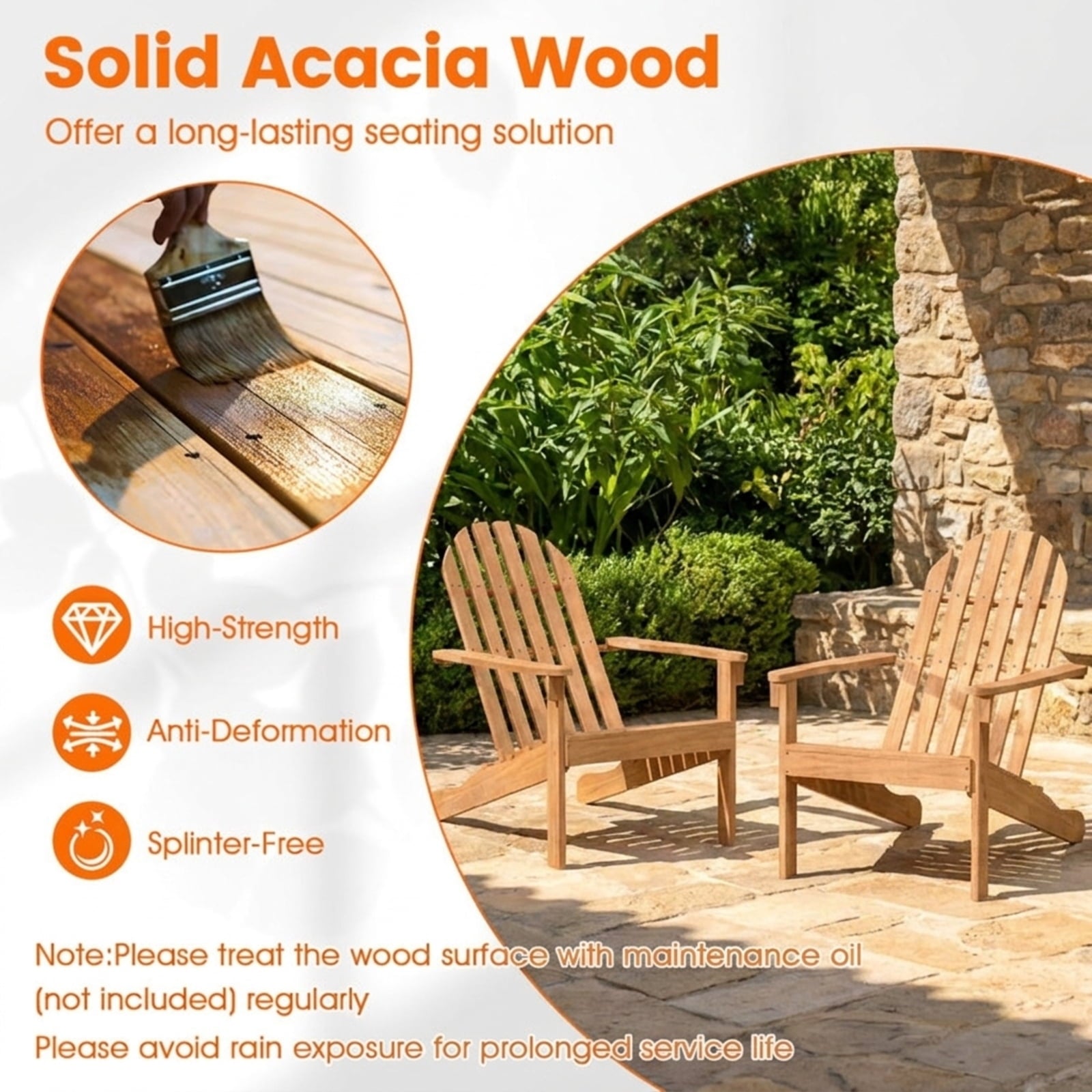 Biotree Acacia Wood Outdoor Adirondack Chair with Ergonomic Design Stackable Patio Chair for Garden BackyardNatural
