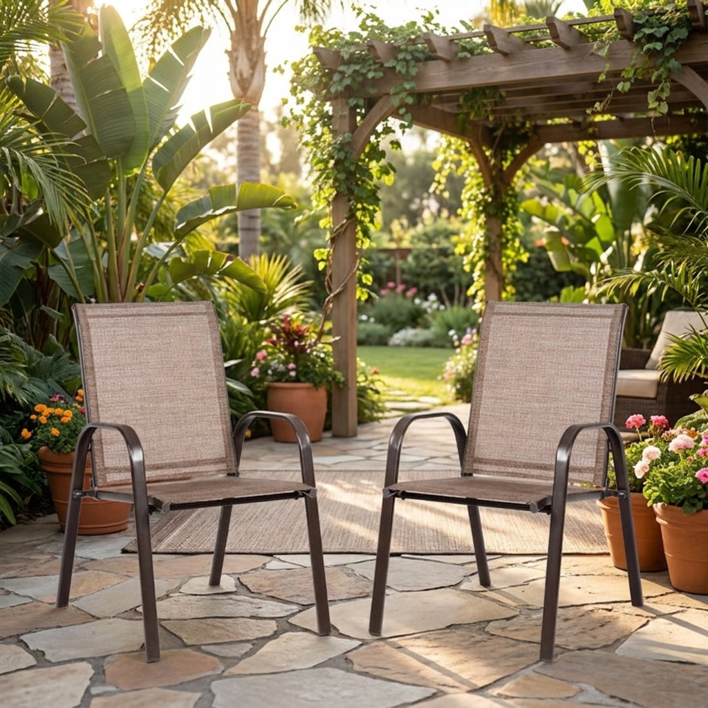Biotree 2 Pcs Patio Chairs Outdoor Dining Chair with Armrest Stackable Patio Chair for Garden BackyardBrown