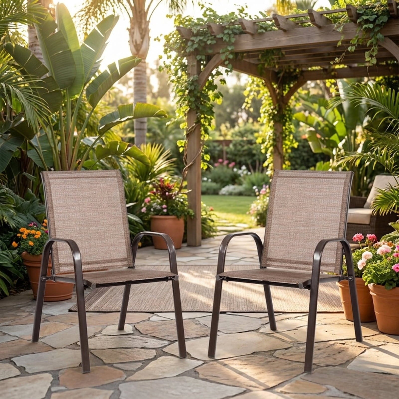 Biotree 2 Pcs Patio Chairs Outdoor Dining Chair with Armrest Stackable Patio Chair for Garden BackyardBrown