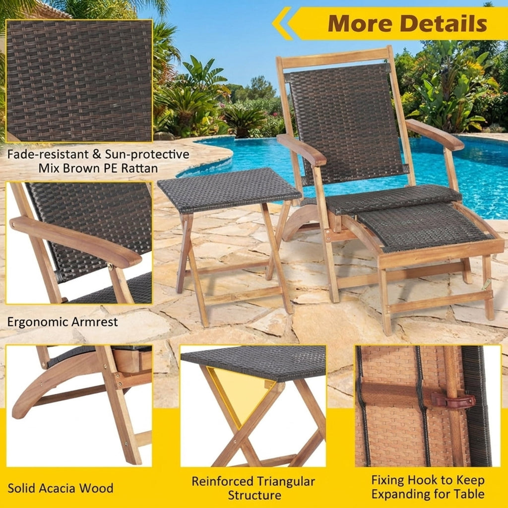 Biotree 2 Pieces Patio Rattan Folding Lounge Chair with Acacia Wood Table Stackable Patio Chair for Garden BackyardMix Brown