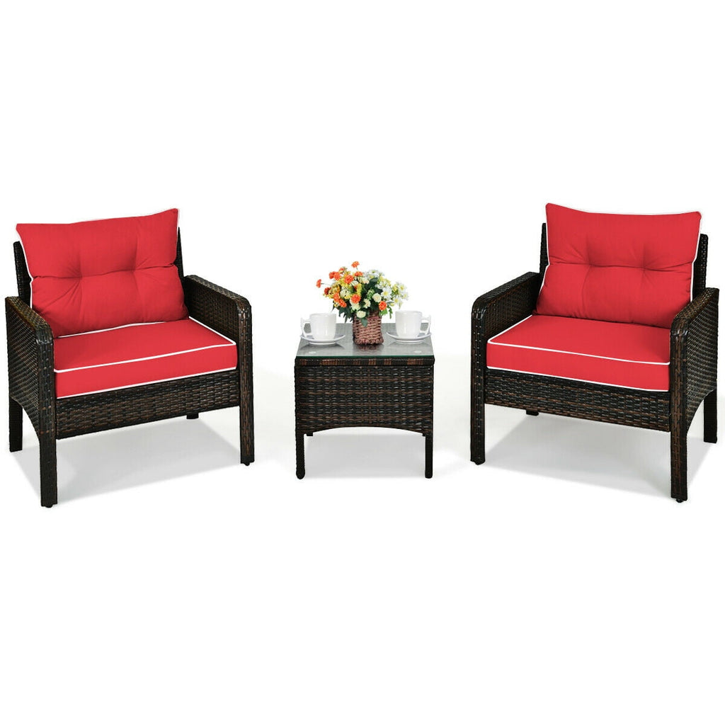 Biotree 3-Piece Patio Rattan Conversation Set with Cushions-Red