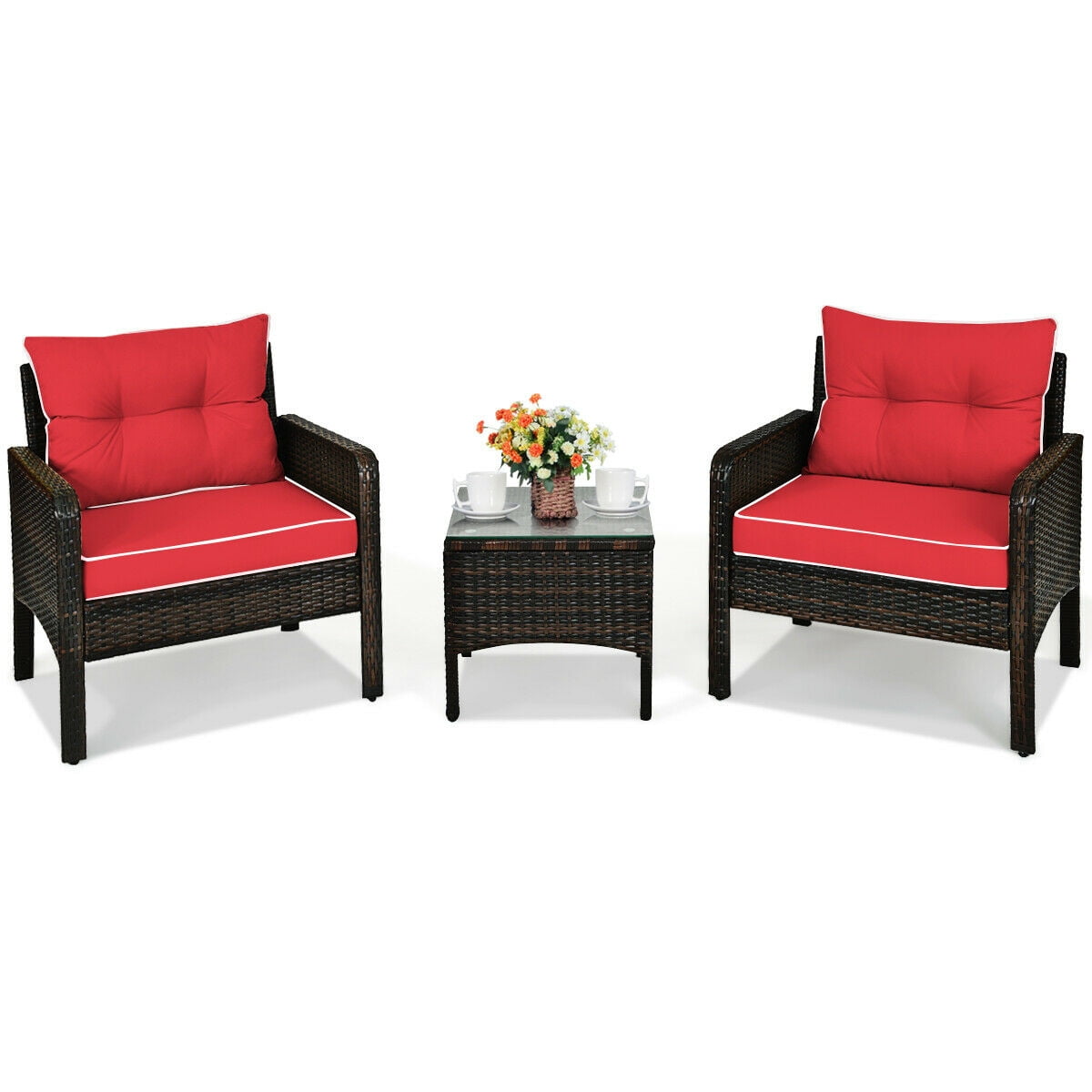 Biotree 3-Piece Patio Rattan Conversation Set with Cushions-Red