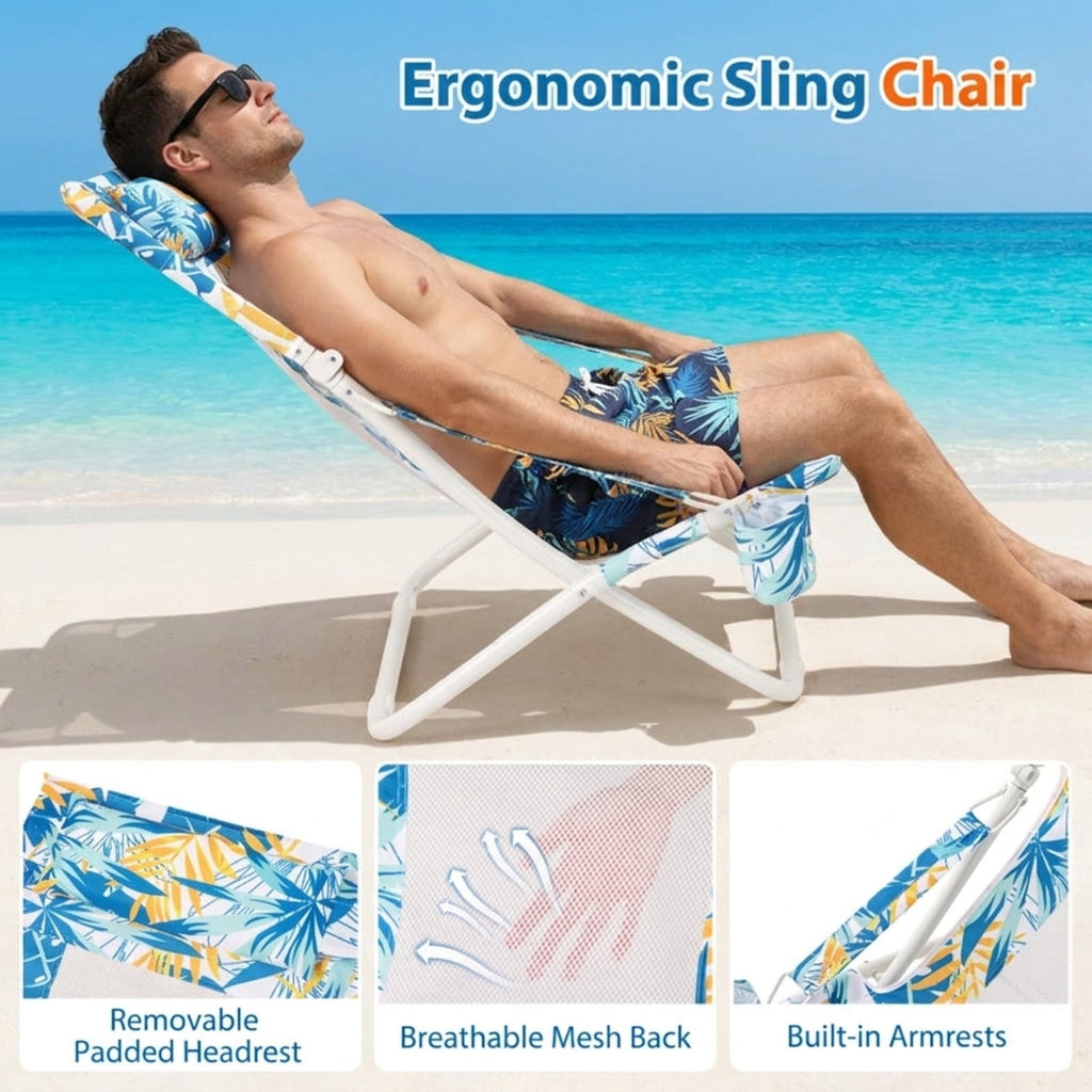 Biotree Folding Low Beach Chair Set of 2 Patio Sling Chairs with Padded Head Pillow Stackable Patio Chair for Garden BackyardBlue