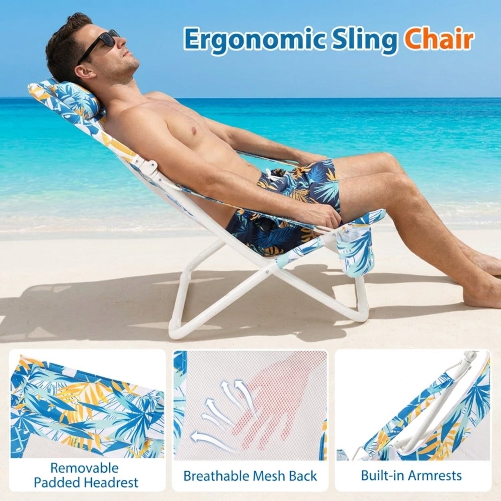 Biotree Folding Low Beach Chair Set of 2 Patio Sling Chairs with Padded Head Pillow Stackable Patio Chair for Garden BackyardBlue