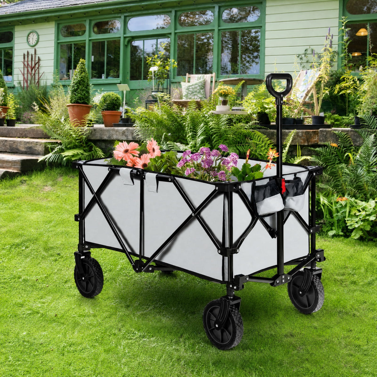 Biotree Collapsible Garden Wagon with 180 lb Capacity, Adjustable Handle, All-Terrain Wheels and Carry Bag for Camping and Shopping, Gray