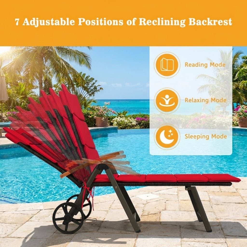 Biotree Outdoor Chaise Lounge Chair Rattan Lounger Recliner Chair Stackable Patio Chair for Garden BackyardRed