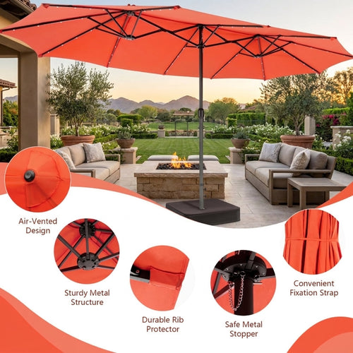 Biotree 15 ft Double-Sided Twin Patio Umbrella 48 LED Lights Outdoor Shade - Orange - UV Protection with Cross Base