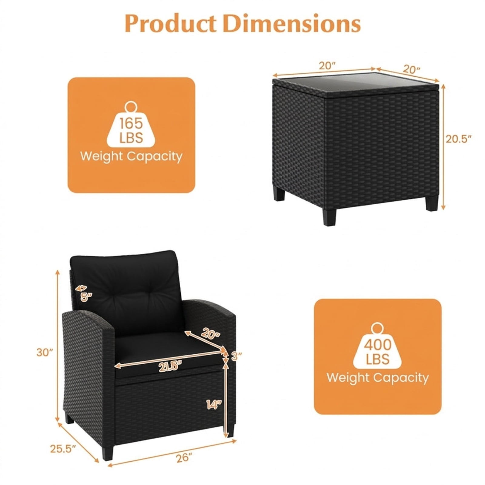 Biotree 3 Pieces Patio Furniture Set with Tempered Glass Coffee Table Outdoor Conversation Set for Garden Backyard PorchBlack