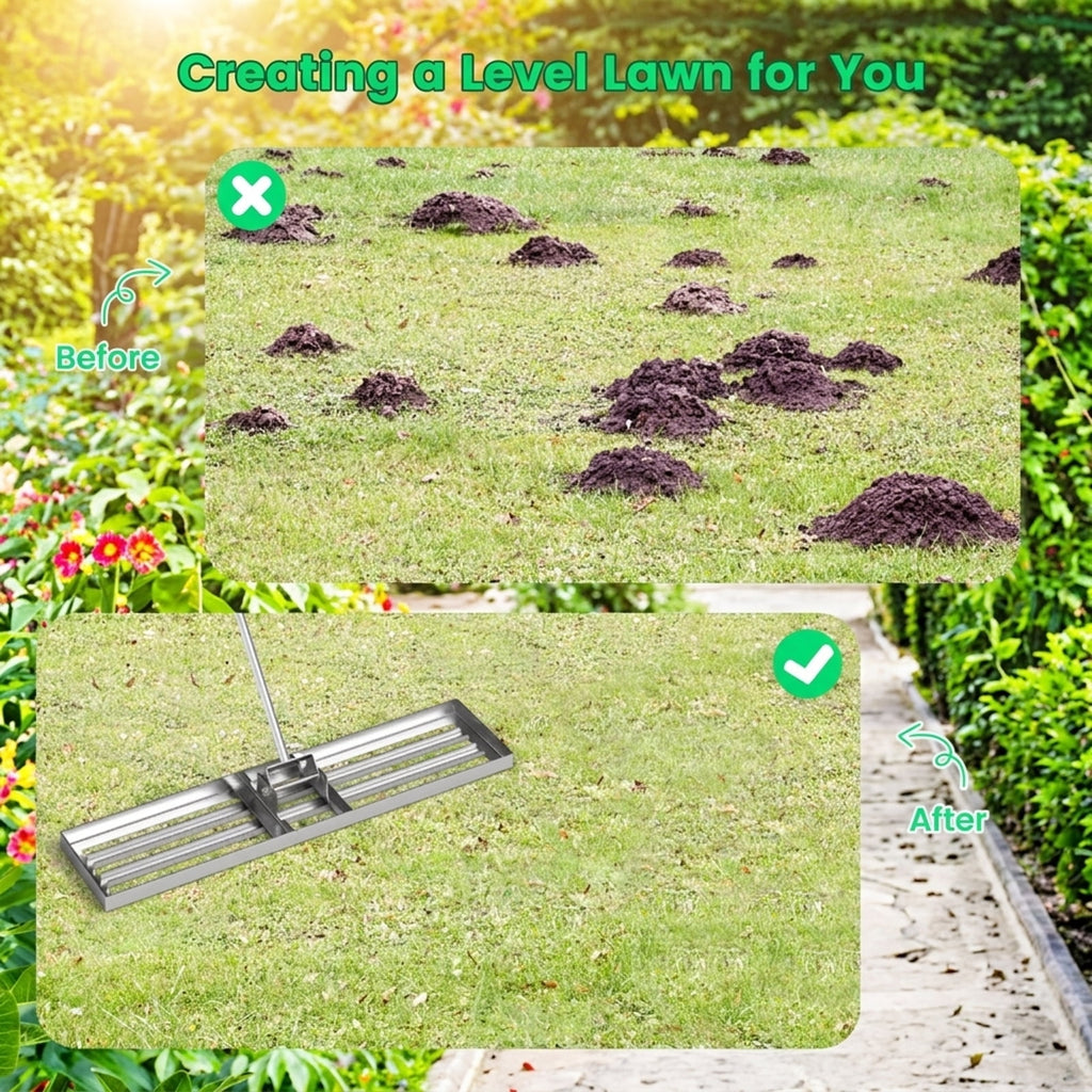 Biotree 42 x 10 Inch Lawn Leveling Rake with Ergonomic Handle for Lawn Garden Yard Soil Care, Silver
