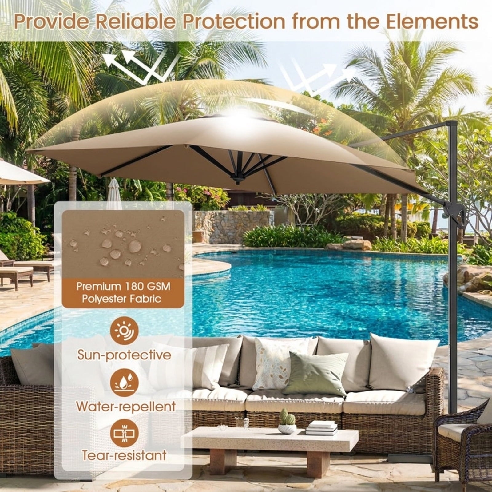 Biotree 9 ft Cantilever Patio Umbrella Offset Hanging with Cross Base, 8 Ribs - Brown for Backyard Garden Poolside