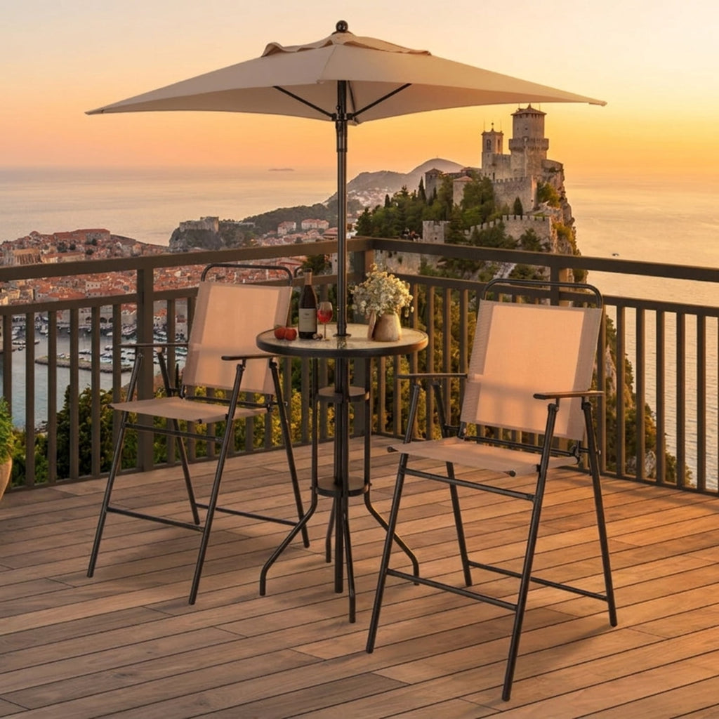 Biotree 4 Pieces Outdoor Bar Set with Umbrella for Patio Porch Garden Backyard Outdoor, Beige