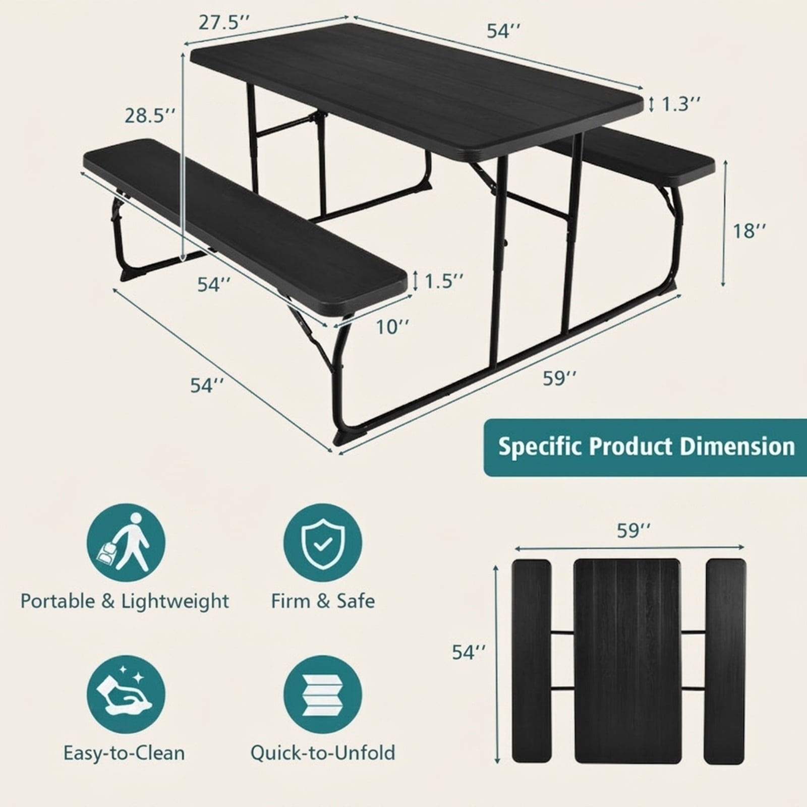 Biotree Indoor and Outdoor Folding Picnic Table Bench Set with Wood-like Texture, Black