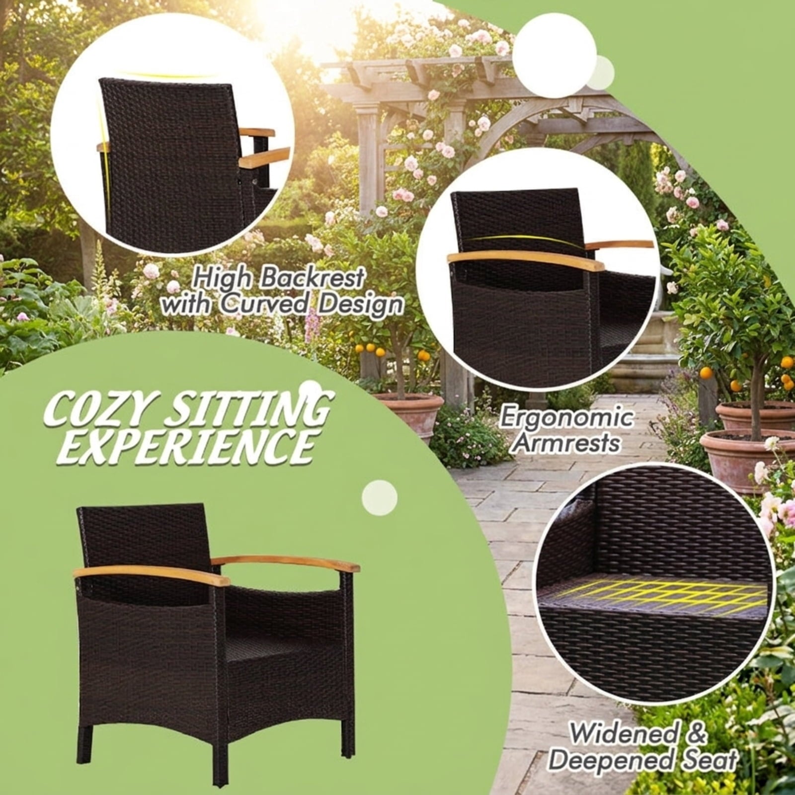 Biotree 3 Pieces Patio Rattan Furniture Set with Removable Cushion Outdoor Conversation Set for Garden Backyard PorchOff White