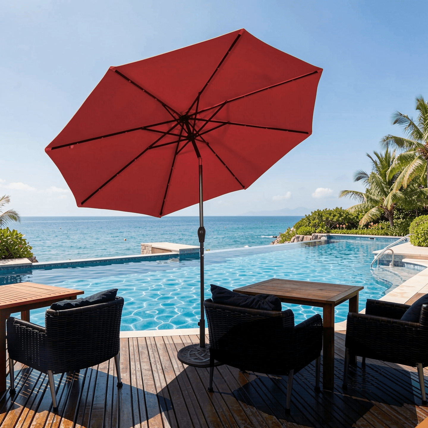 Biotree 10 Solar LED Lighted Patio Market Umbrella Shade Tilt Adjustment Crank-Dark Red Outdoor Backyard