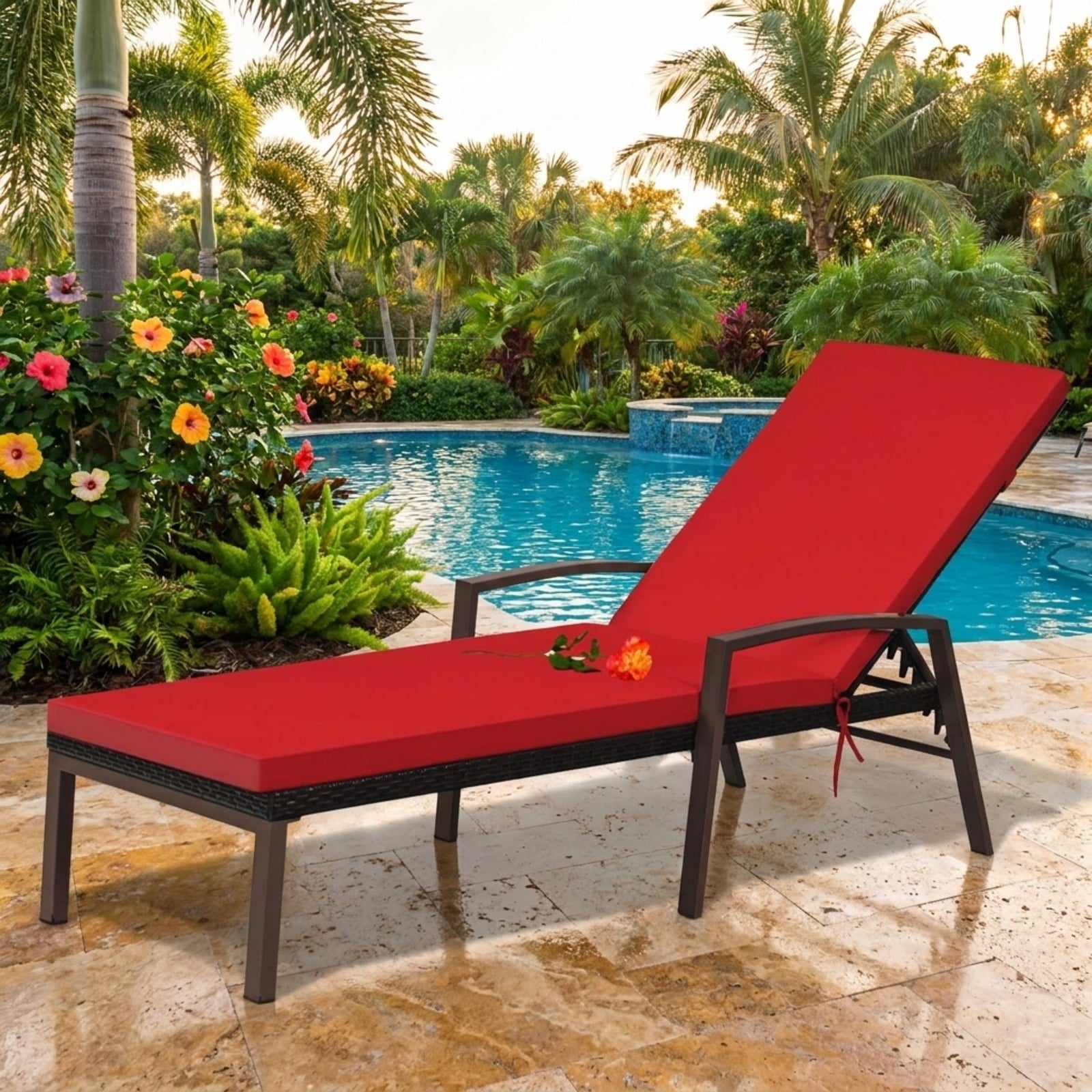 Biotree Patio Rattan Lounge Chaise Recliner with Back Adjustable Cushioned Stackable Patio Chair for Garden BackyardRed
