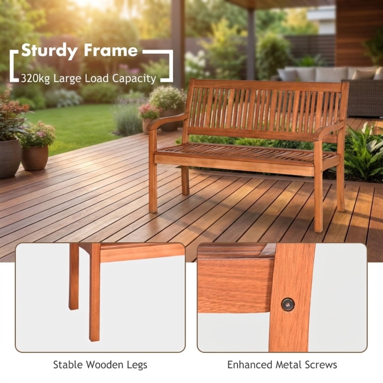 Biotree Two Person Solid Wood Garden Bench with Curved Backrest and Wide Armrest Stackable Patio Chair for Garden Backyard