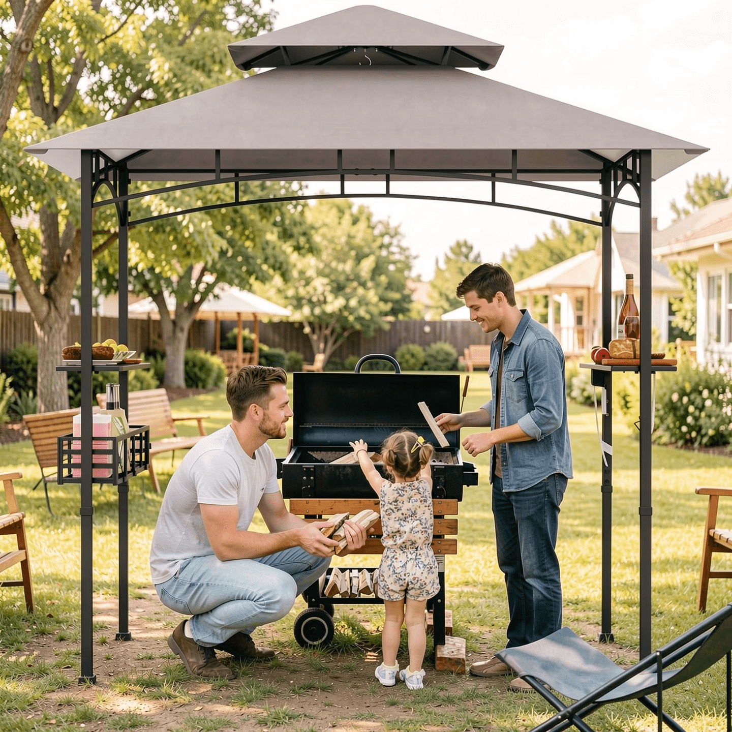 Biotree 8 x 5 Feet Outdoor Grill Gazebo with 2 Side Shelves and 10 Hooks Gray - Outdoor Patio Backyard Garden Shade Canopy Shelter