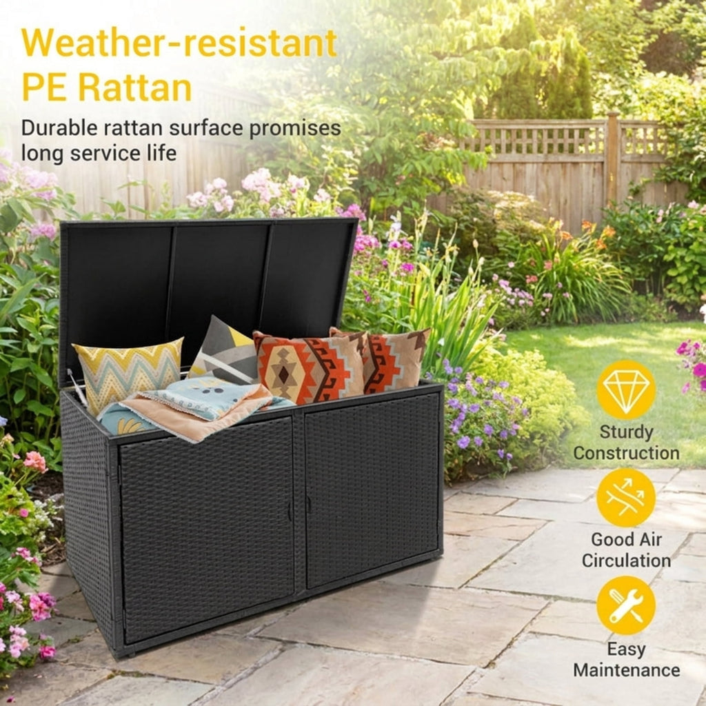 Biotree 88 Gallon Garden Patio Rattan Storage Container Box Outdoor Waterproof for Patio Deck Garden Cushions, Black