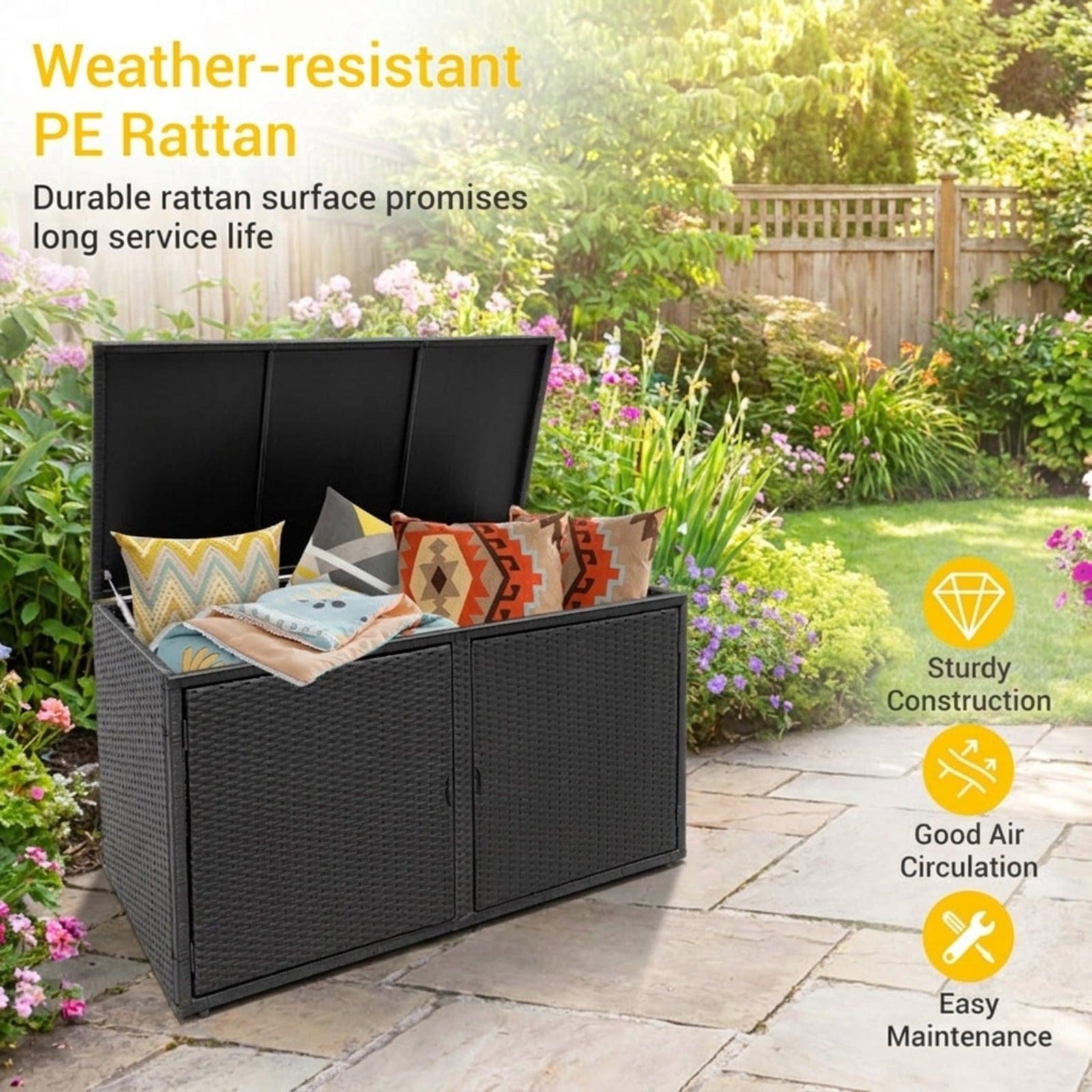 Biotree 88 Gallon Garden Patio Rattan Storage Container Box Outdoor Waterproof for Patio Deck Garden Cushions, Black