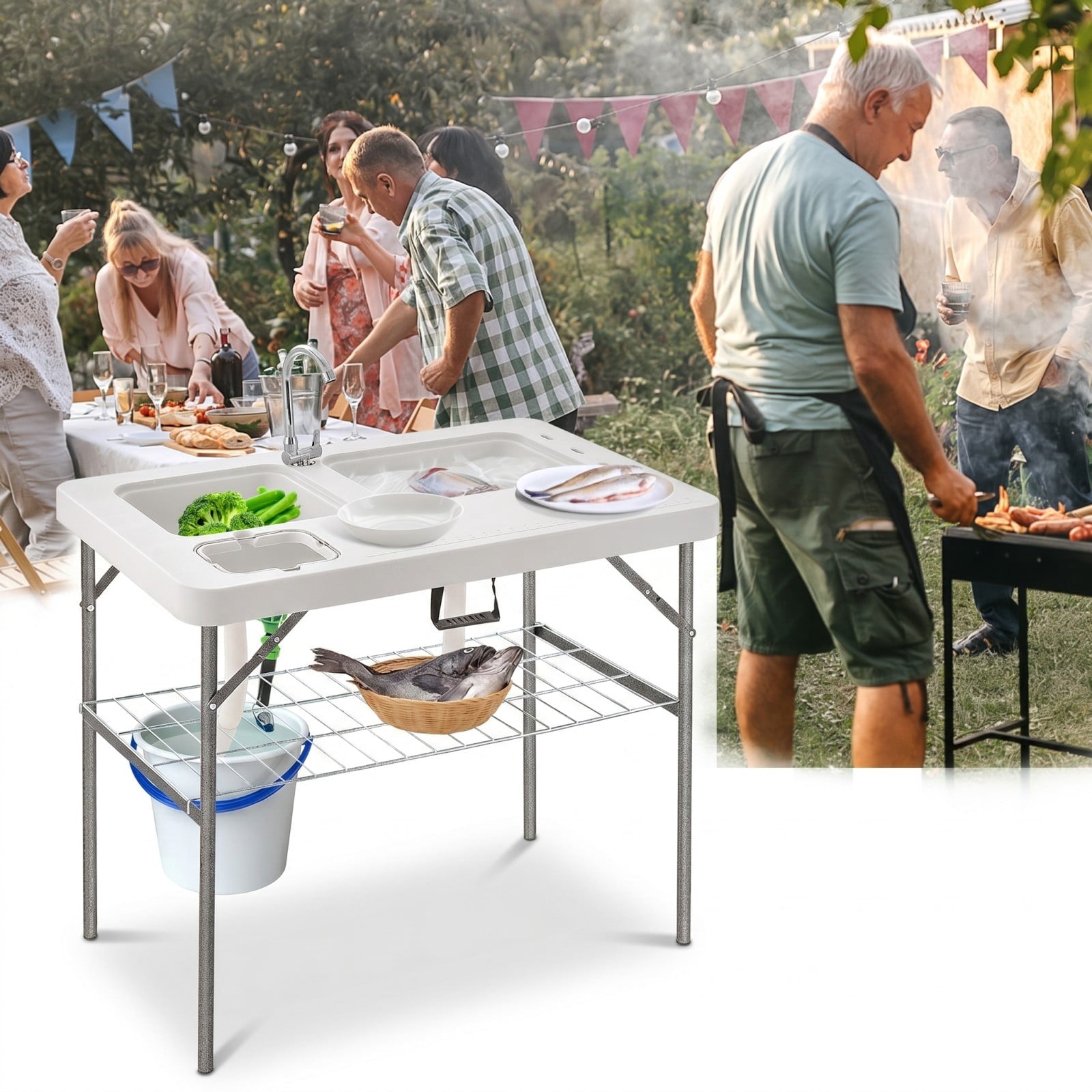 Biotree 2-in-1 Folding Fish Cleaning Table with Sink and Faucet Portable Fish Fillet Station for Outdoor Fishing, White
