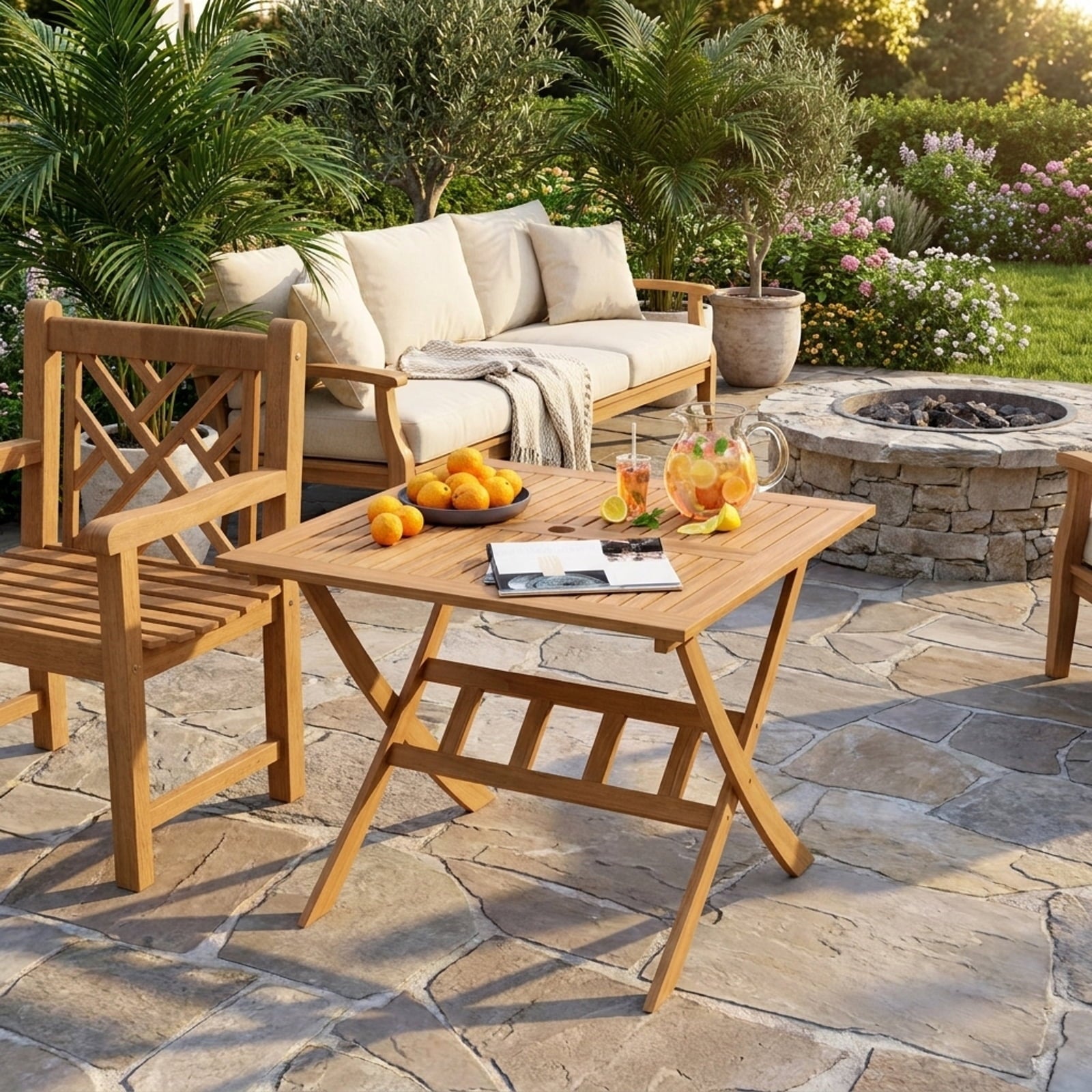 Biotree 36-Inch Acacia Wood Folding Patio Dining Table with Umbrella Hole for 4 People, Natural