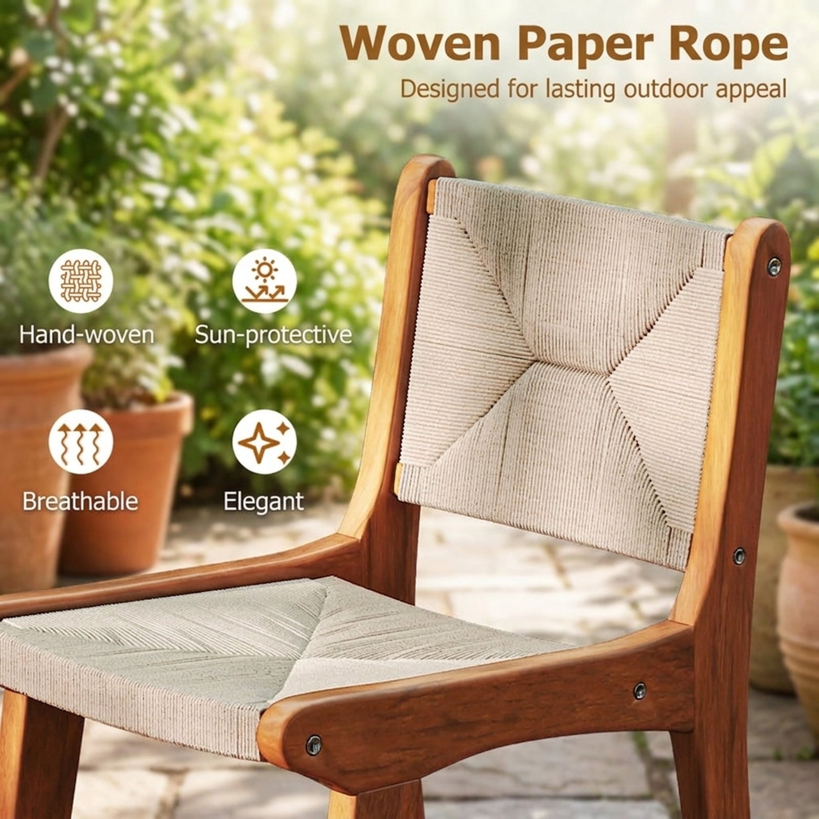 Biotree Outdoor Teak Wood Counter Height Bar Stool with Woven Paper Rope Seat, Natural - Outdoor Patio Bar Height Chair with Footrest
