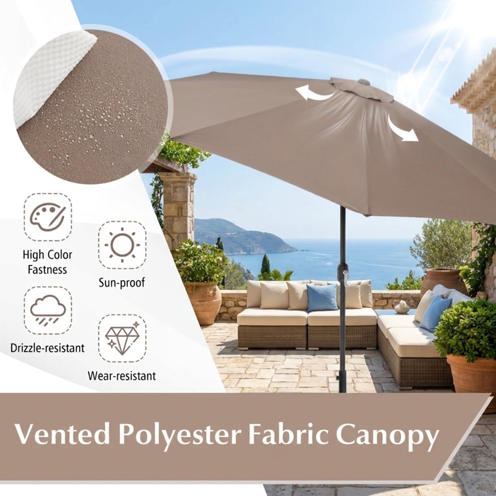 Biotree 10 ft Market Patio Umbrella with Crank and Tilt, 8 Sturdy Ribs, Vented Canopy - Tan for Backyard