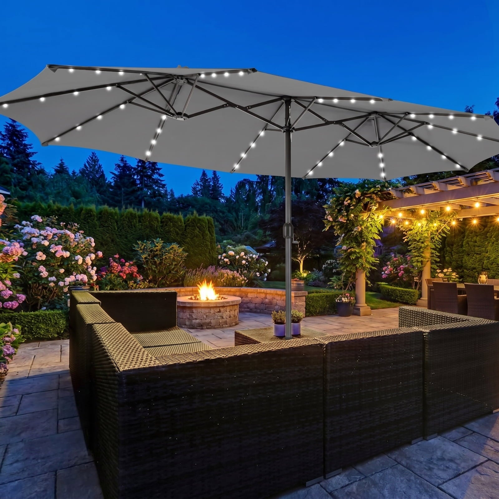 Biotree 15 ft Cantilever Patio Umbrella Offset Hanging with Cross Base, 8 Ribs - Multicolor for Backyard