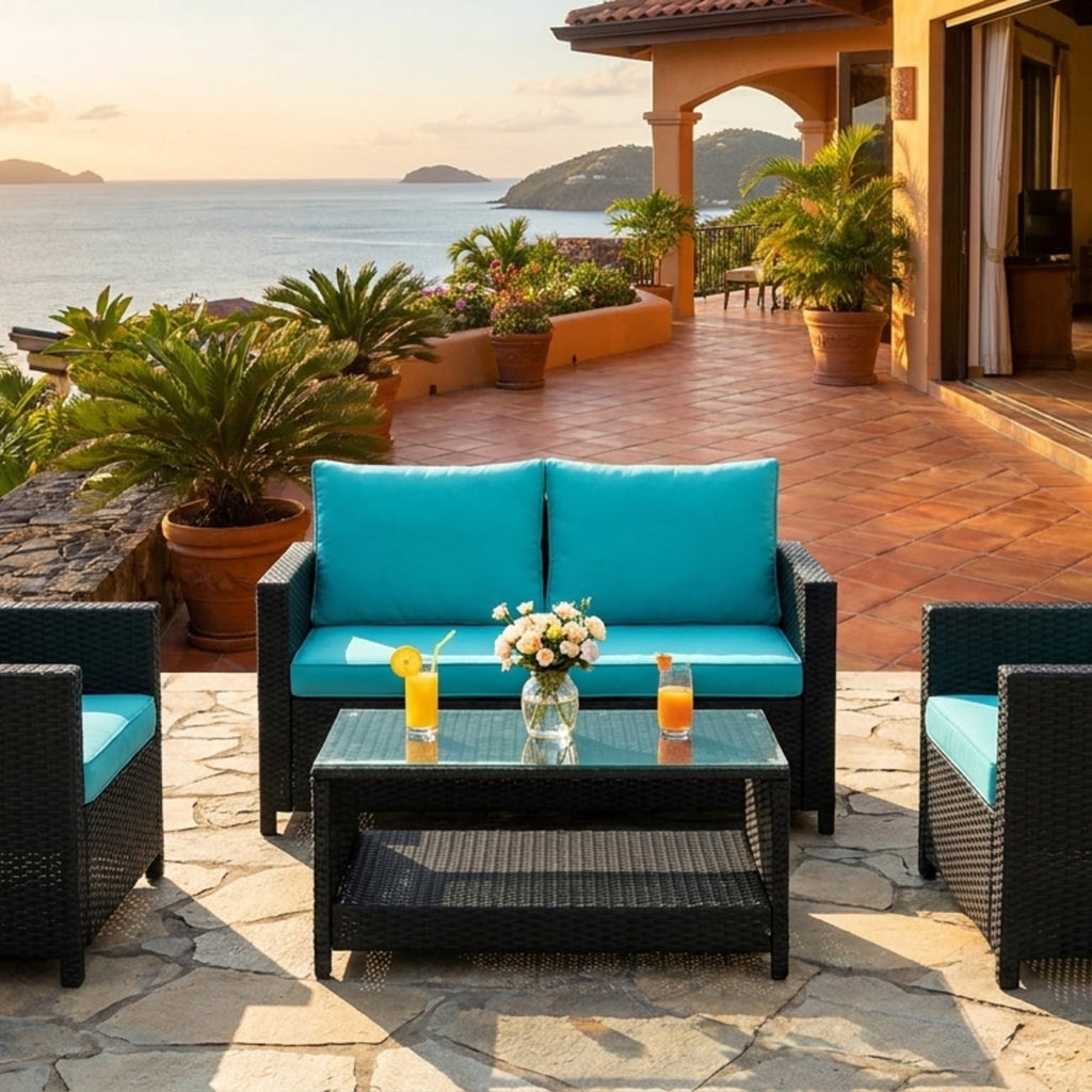 Biotree 4 Pieces Patio Rattan Furniture Set with Glass Table and Loveseat Outdoor Conversation Set for Garden Backyard PorchGray