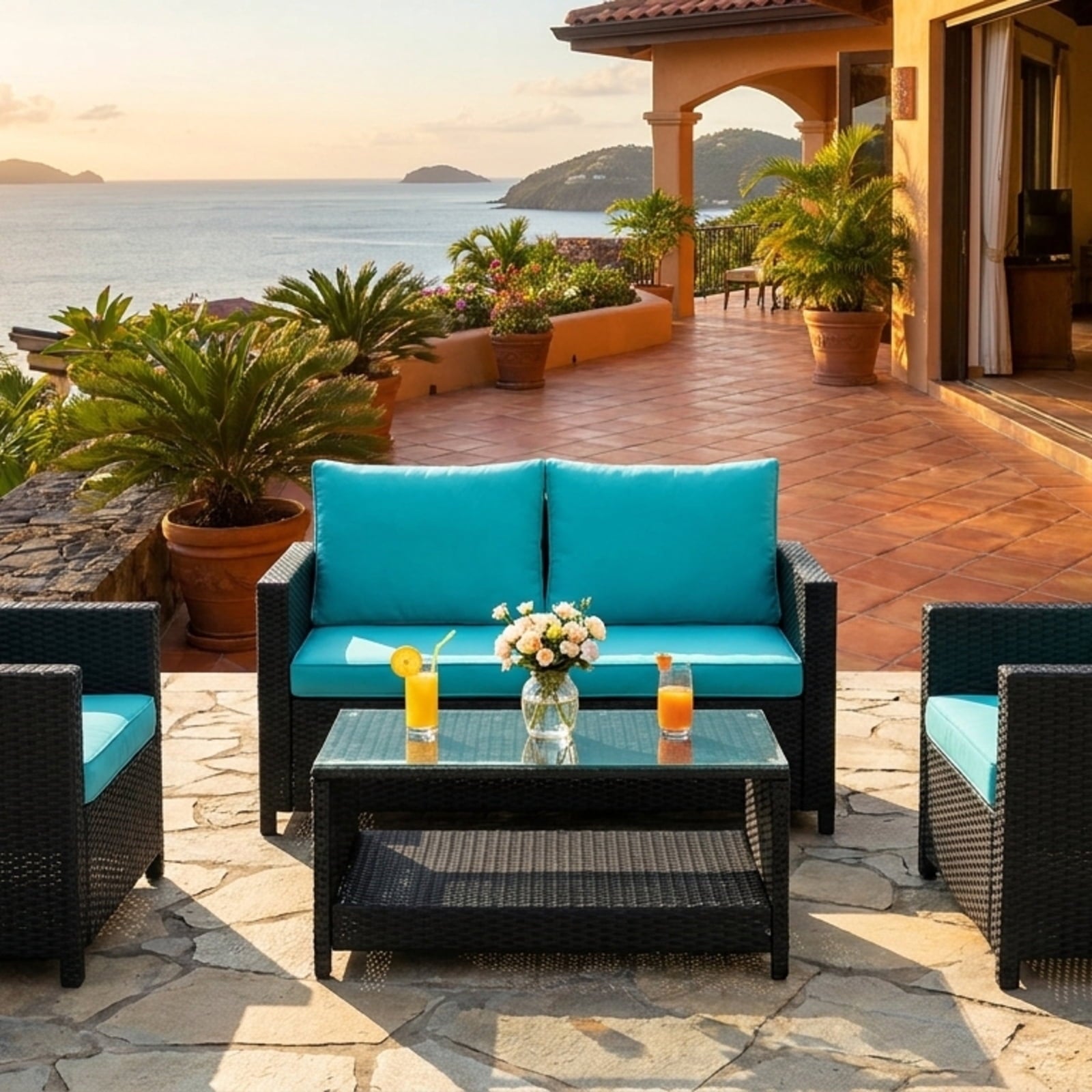 Biotree 4 Pieces Patio Rattan Furniture Set with Glass Table and Loveseat Outdoor Conversation Set for Garden Backyard PorchGray
