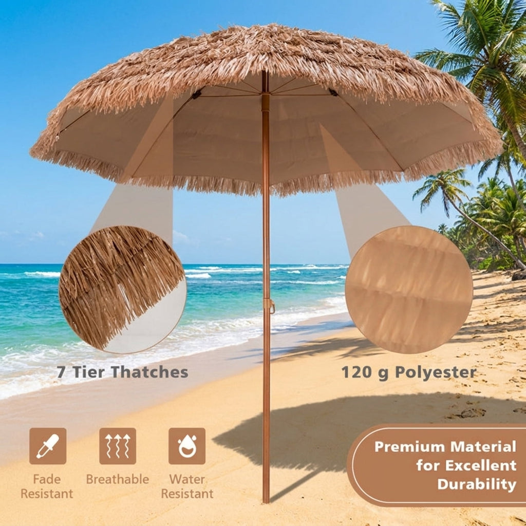 Biotree 8 ft Thatched Tiki Patio Umbrella Crank Tilt Outdoor Shade - Natural - UV Protection with Cross Base
