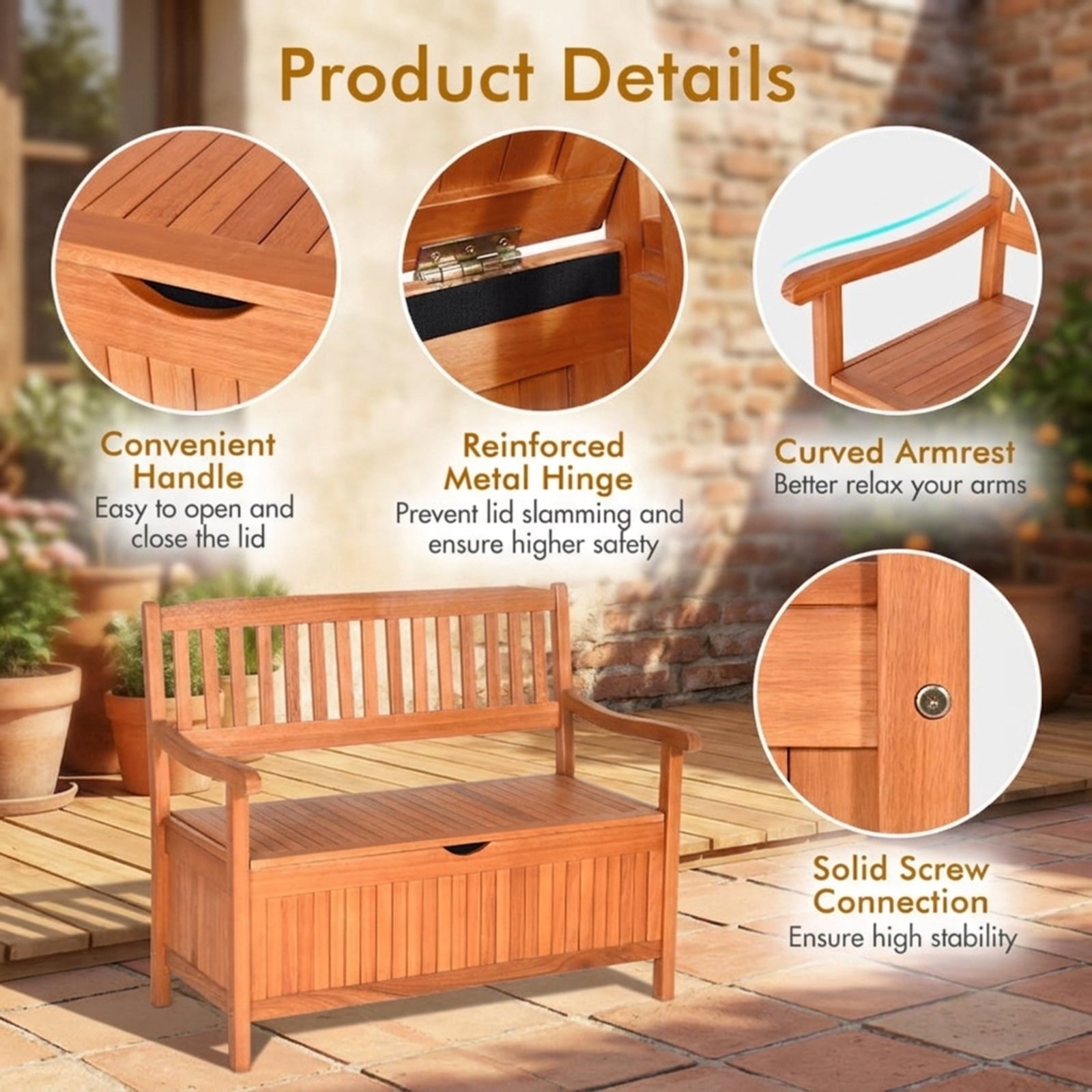 Biotree 33 Gallon Wooden Storage Bench with Liner for Patio Garden Porch Stackable Patio Chair for Garden Backyard