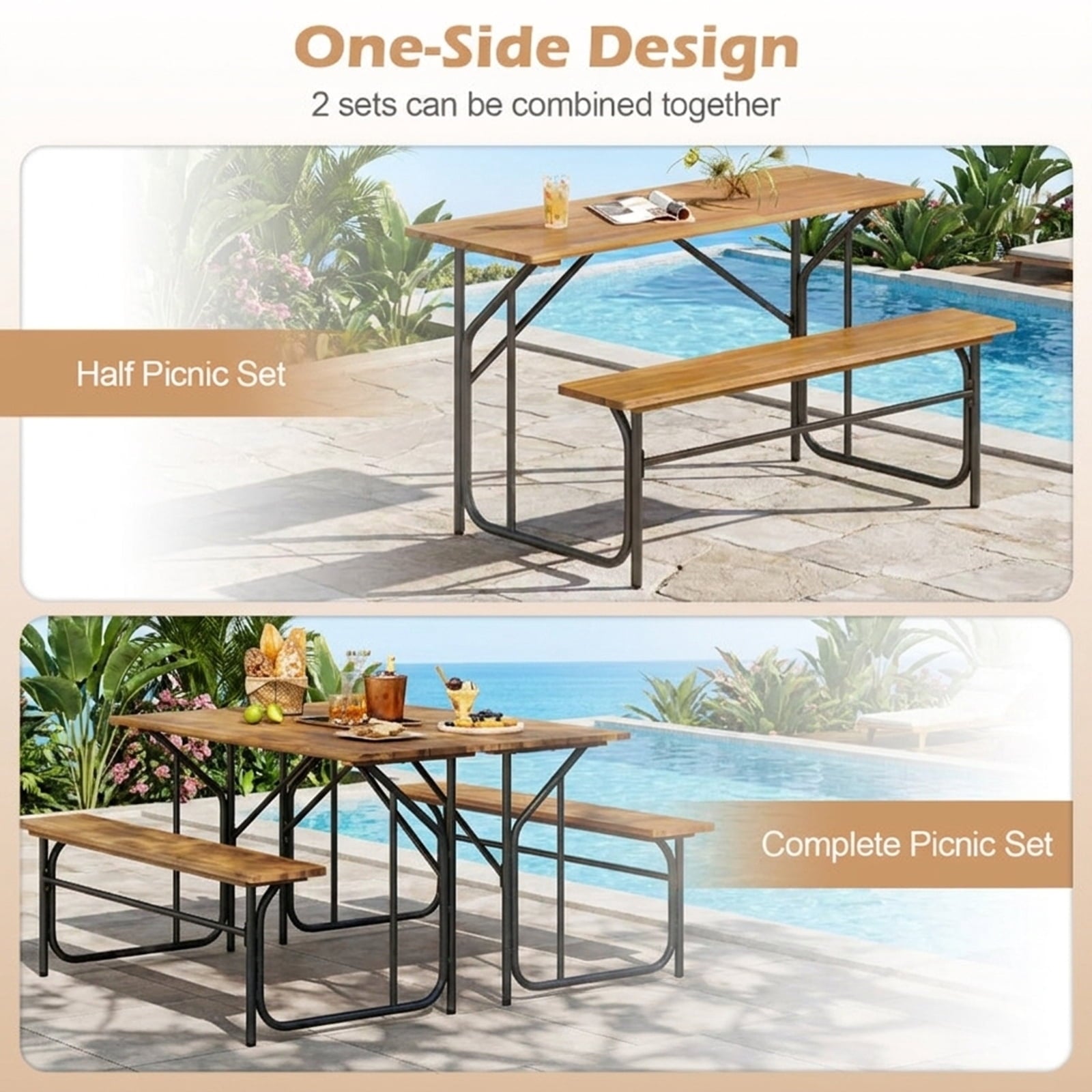 Biotree Acacia Wood Patio Table Bench for 2 People One-Side Picnic Table, Black