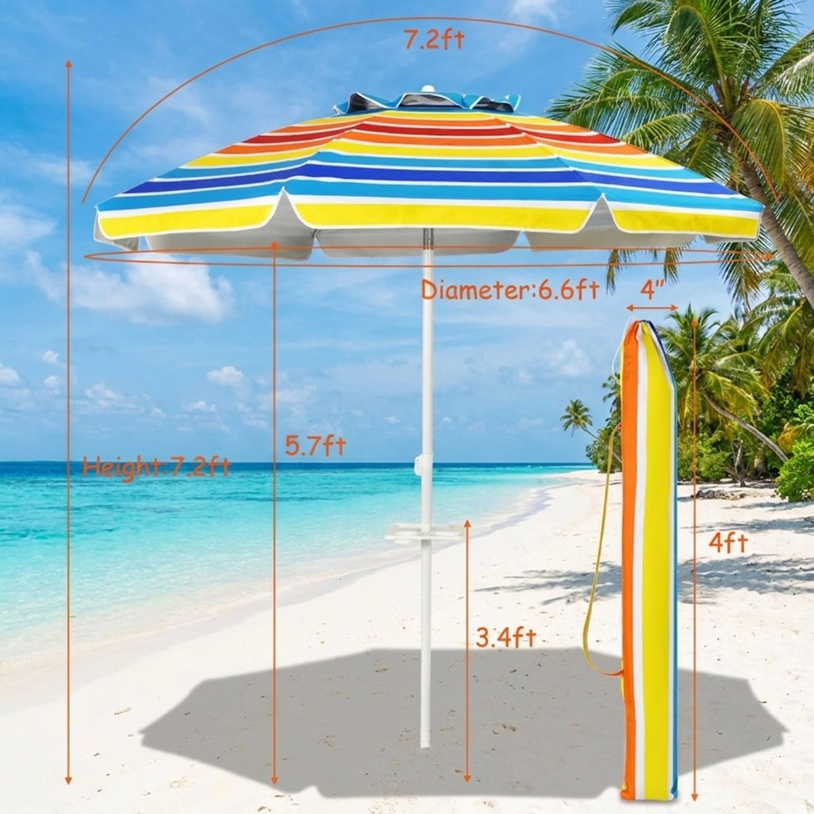 Biotree 7.2 ft Portable Beach Umbrella with Carrying Bag, 8 Ribs, Sand Tilt Mechanism - Multicolor for Backyard