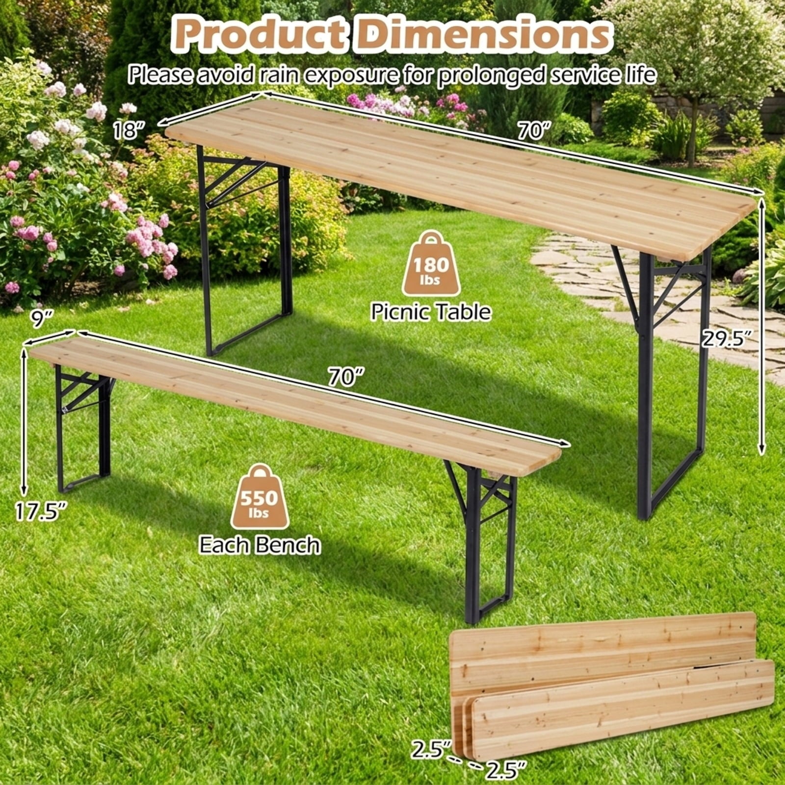 Biotree 70 Inch 3-Piece Folding Picnic Table with Benches for 6 Fir Wood Portable Bear Camping Table, Dark Brown