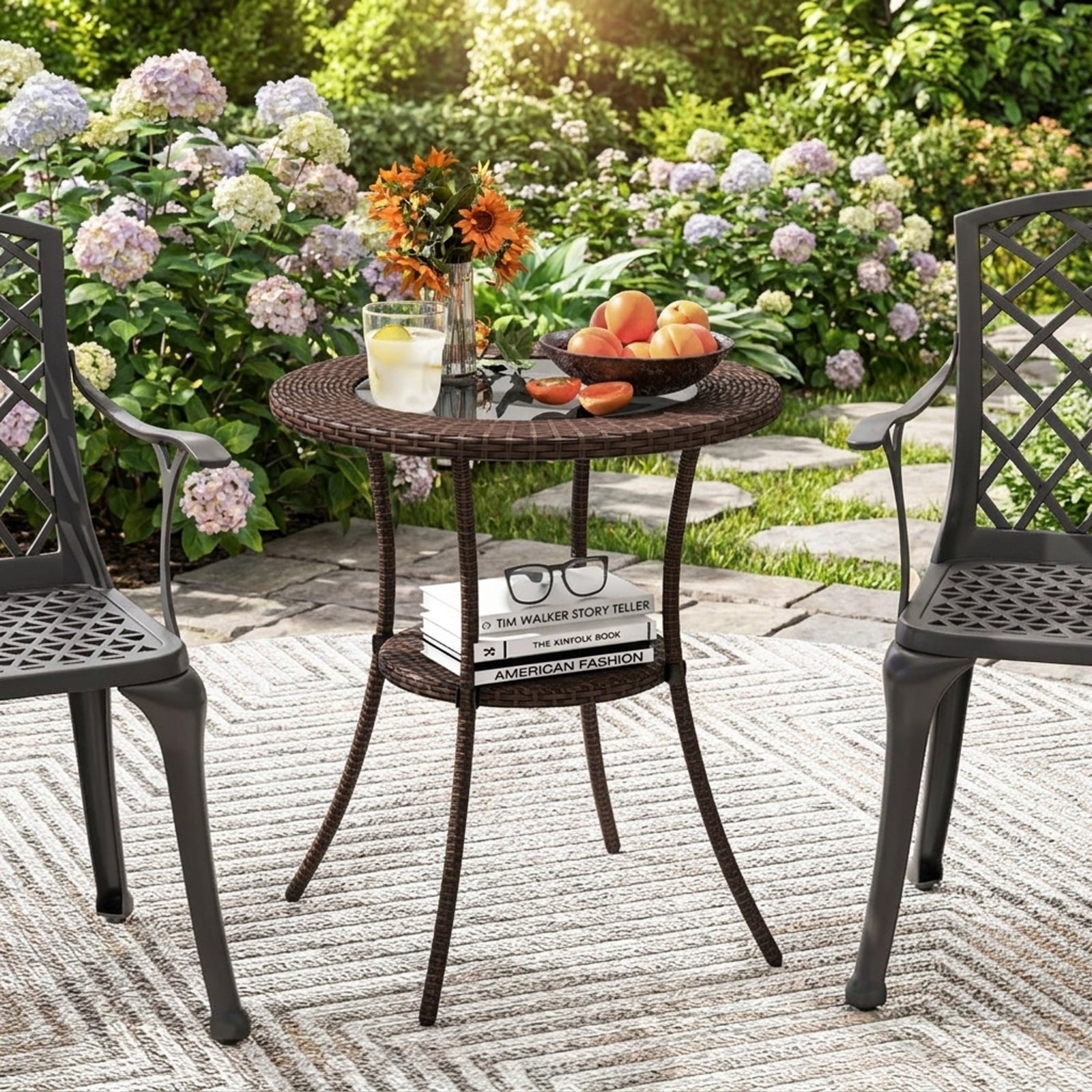 Biotree 25.5-Inch PE Wicker Patio Bistro Table Round with Tempered Glass Top and Shelf, Black