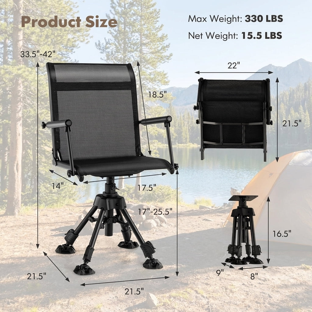 Biotree 360 Degree Swivel Hunting Chair with 4 Adjustable Height Legs Foldable Outdoor Camp Chair with Mesh Backrest, Black