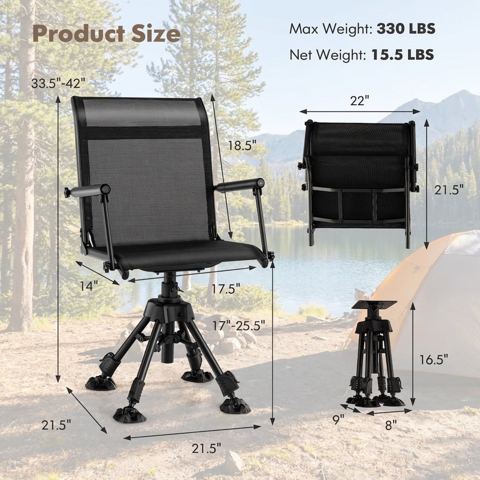 Biotree 360 Degree Swivel Hunting Chair with 4 Adjustable Height Legs Foldable Outdoor Camp Chair with Mesh Backrest, Black