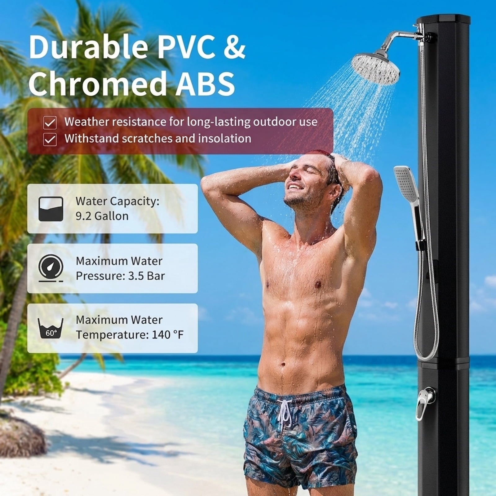 Biotree 7.2 Feet 9.3 Gallon Solar Heated Outdoor Shower with Hand and Foot Tap Portable Camping Solar Shower, Black