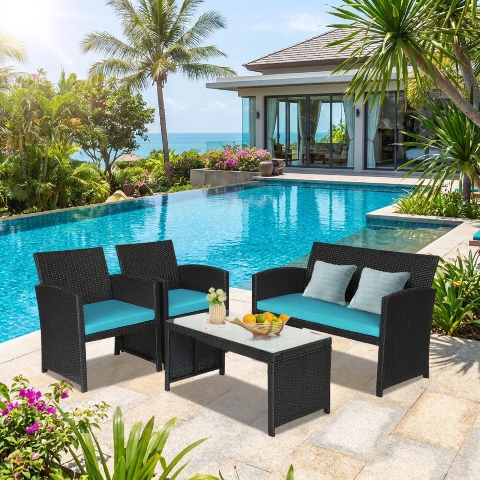 Biotree 4 Pieces Rattan Patio Furniture Set with Weather Resistant Cushions and Tempered Glass TabletopTurquoise