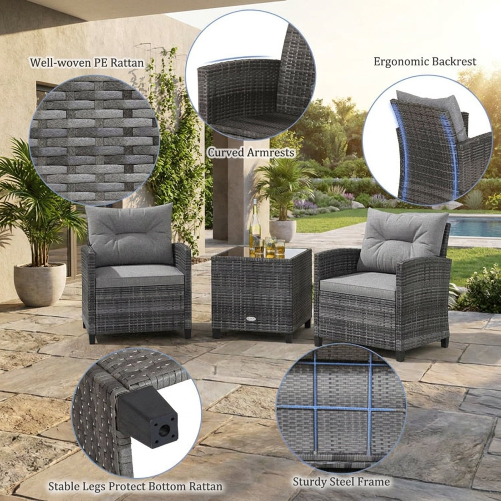 Biotree 3 Pieces Outdoor Wicker Conversation Set with Tempered Glass Tabletop Outdoor Conversation Set for Garden Backyard PorchGray