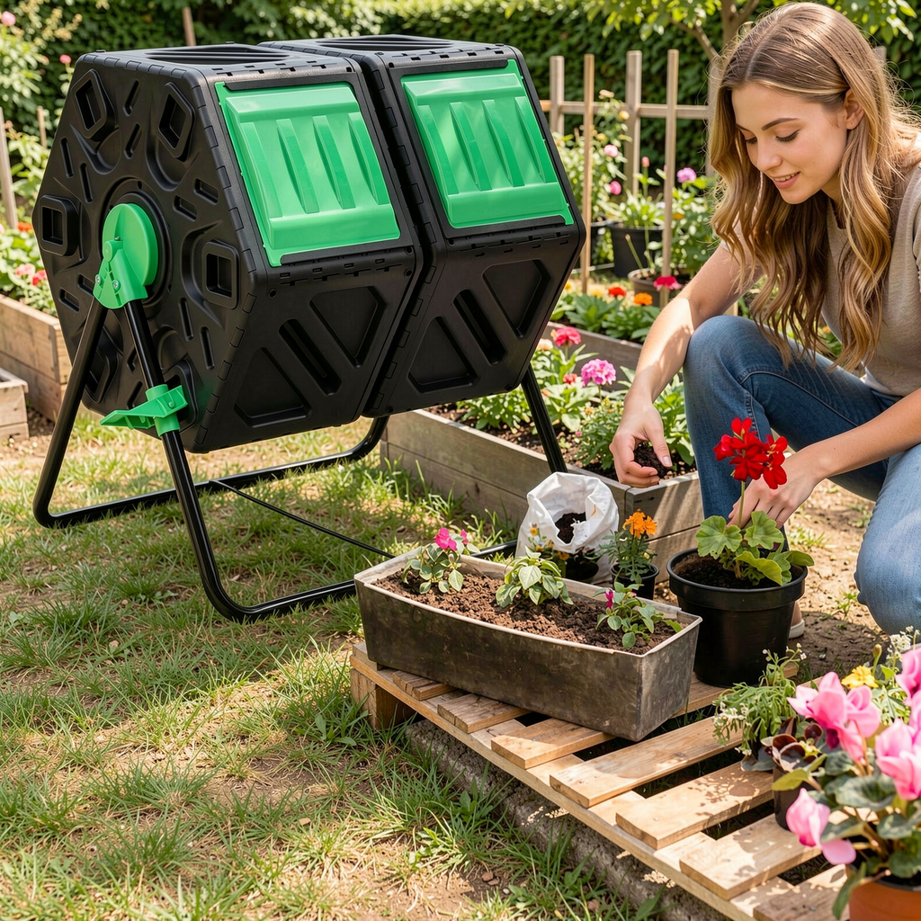 Biotree Dual Chamber Garden Compost Tumbler with Sliding Doors-Black and Green Outdoor Organic Yard Waste