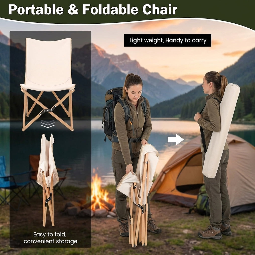 Biotree Set of 2 Lightweight Bamboo Folding Chairs with Storage Pocket and Carry Bag for Camping Beach Fishing Outdoor, Beige