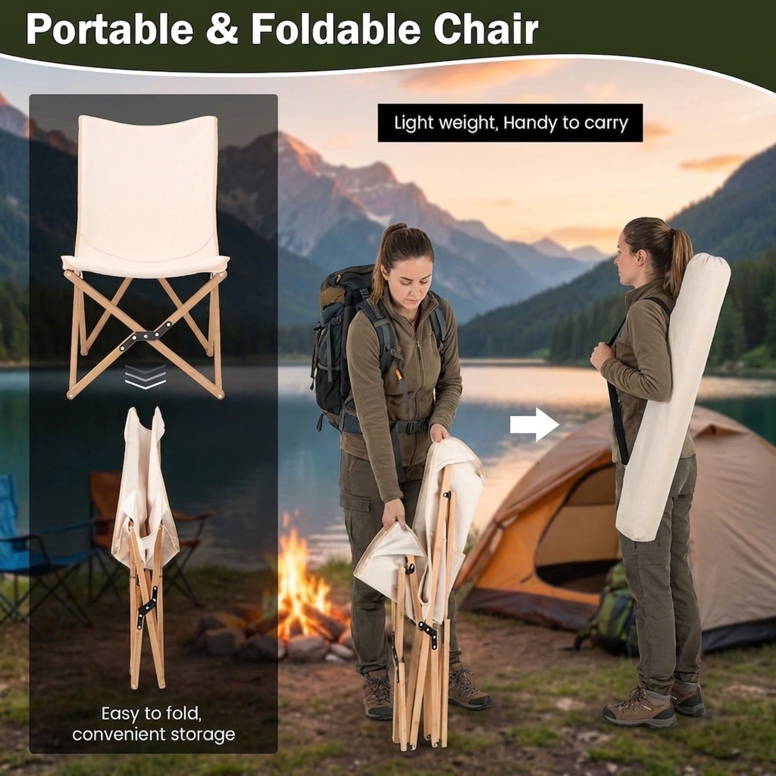 Biotree Set of 2 Lightweight Bamboo Folding Chairs with Storage Pocket and Carry Bag for Camping Beach Fishing Outdoor, Beige