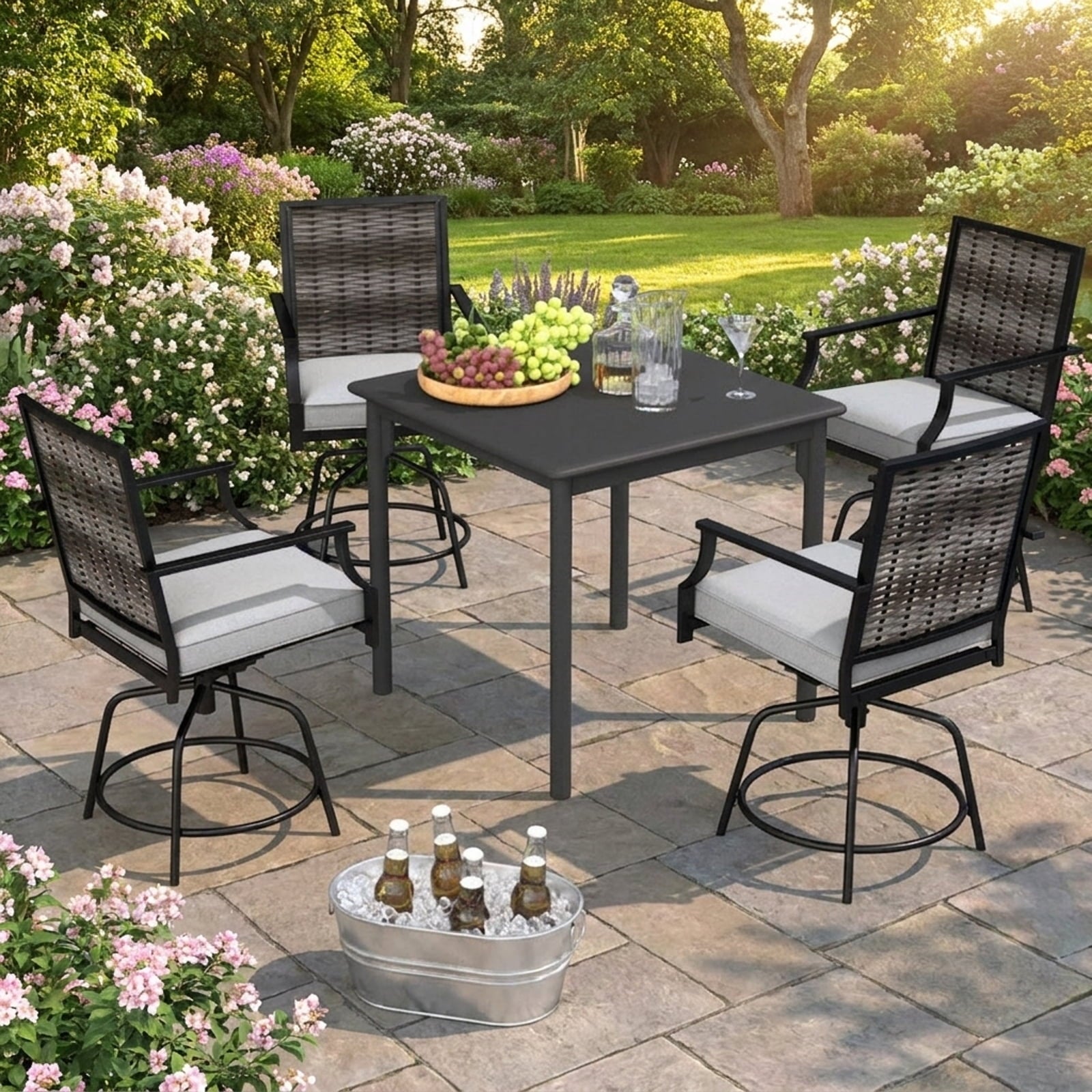 Biotree Set of 2 Outdoor PE Wicker Swivel Bar Stools 24-Inch Counter Height Patio Bar Chairs with Backrest, Grey