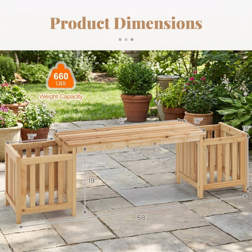 Biotree Patio Wooden Bench with Planter 2 Person Patio Bench Stackable Patio Chair for Garden BackyardNatural