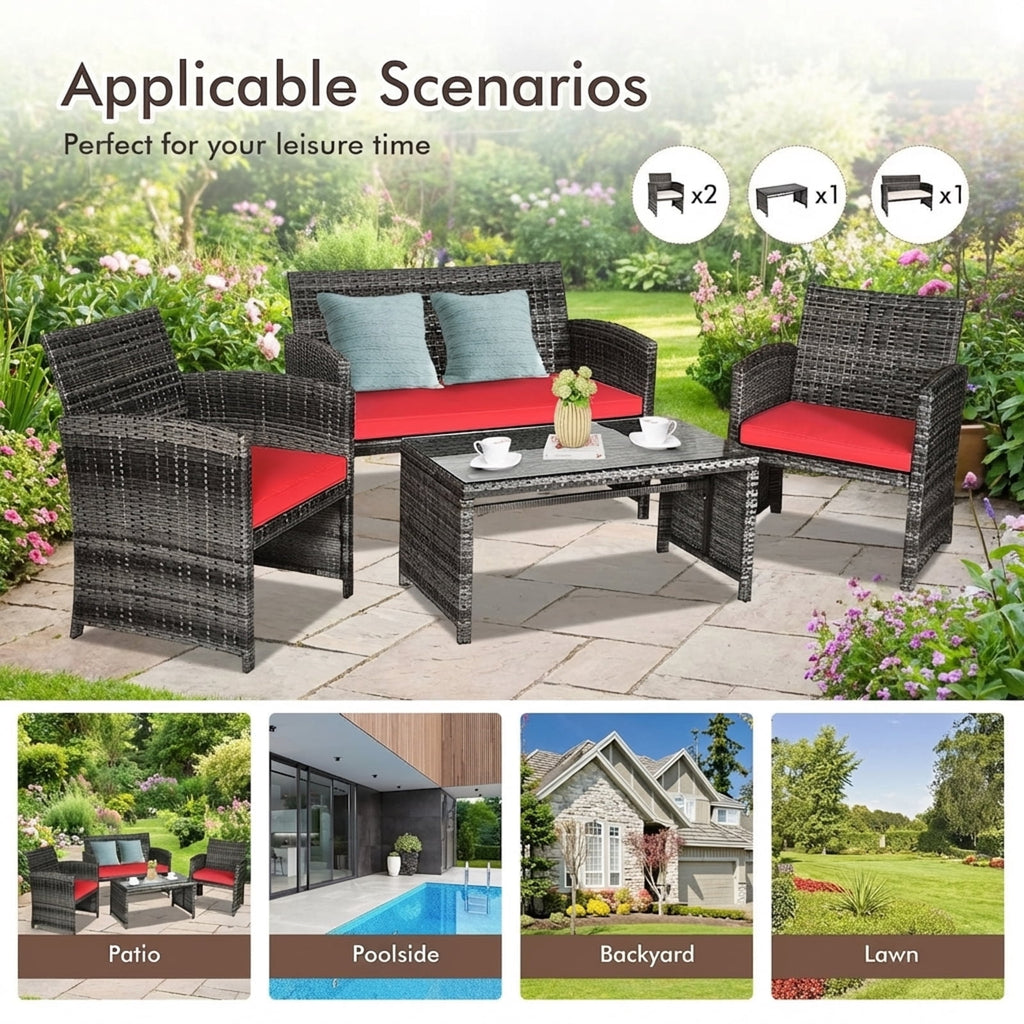Biotree 4-Piece Patio Rattan Furniture Set with Cushions-Red