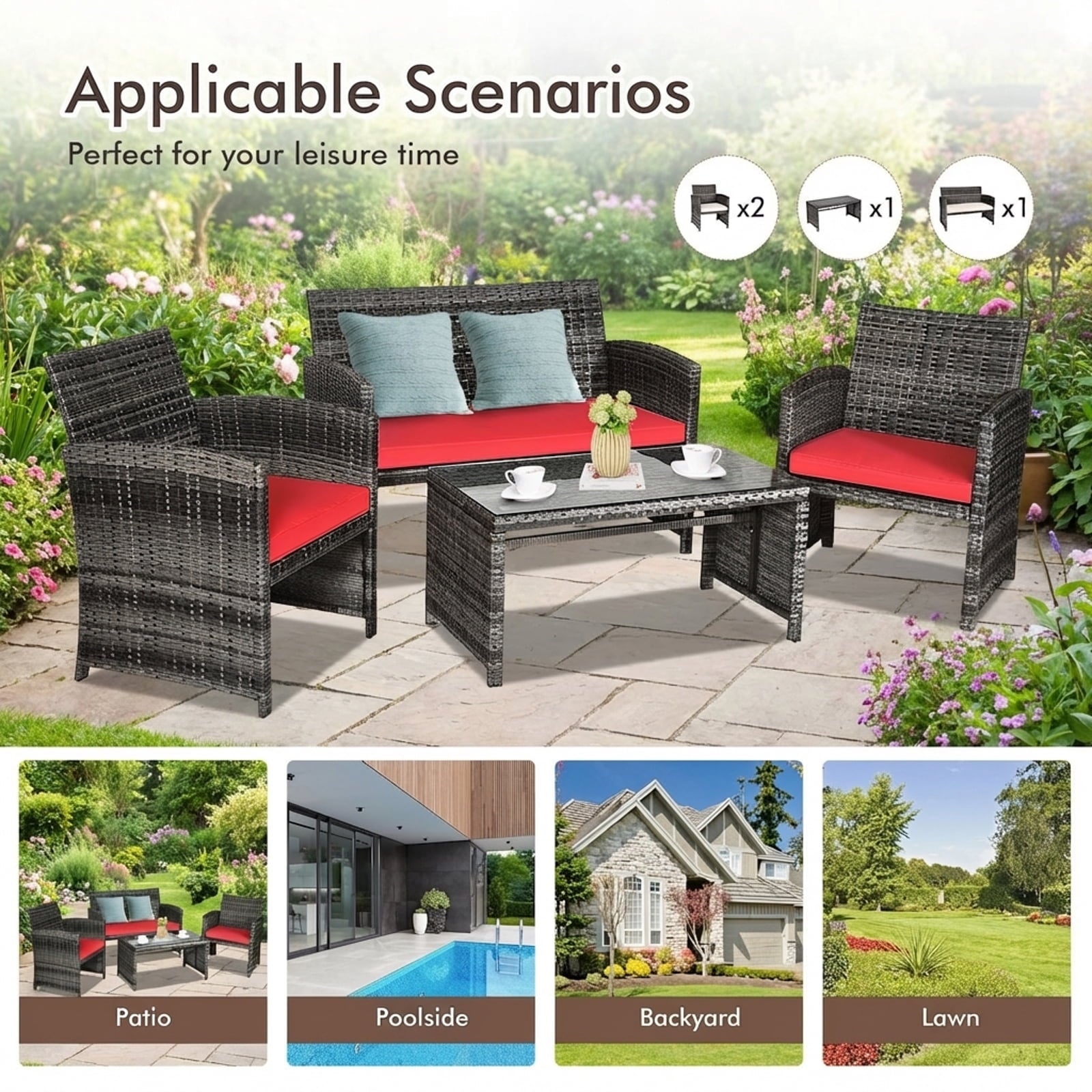 Biotree 4-Piece Patio Rattan Furniture Set with Cushions-Red